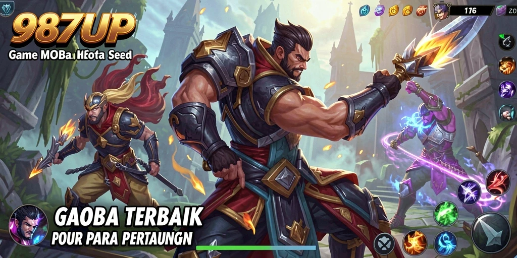 Screenshot 987UP menunjukkan pertempuran epik di arena MOBA.