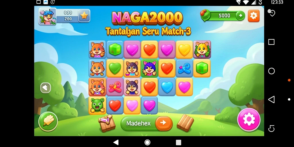 Tampilan gameplay yang menyenangkan di NAGA2000, permainan Match-3 yang menarik.