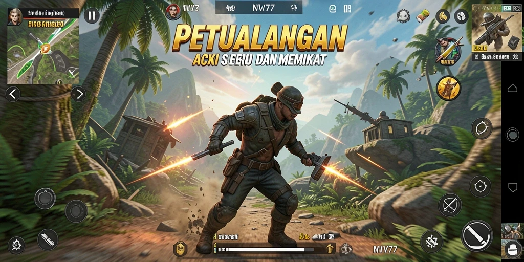 Screenshot utama NV77 menampilkan aksi seru dan grafis yang menawan.