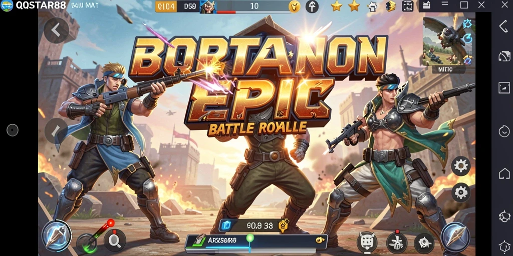 Screenshot gameplay QQSTAR88 menunjukkan aksi Battle Royale yang mendebarkan.