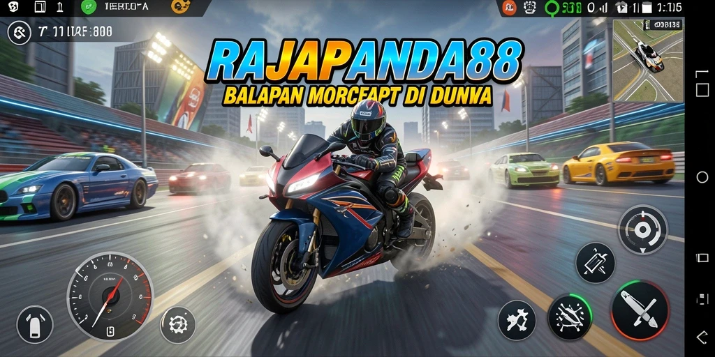 Tampilan gameplay RAJAPANDA88 dengan aksi balapan motor yang mendebarkan.