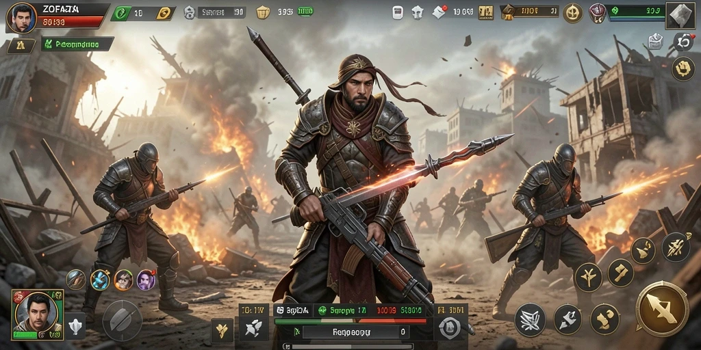 Screenshot gameplay ZOFAZA yang menunjukkan pertempuran strategis yang seru.